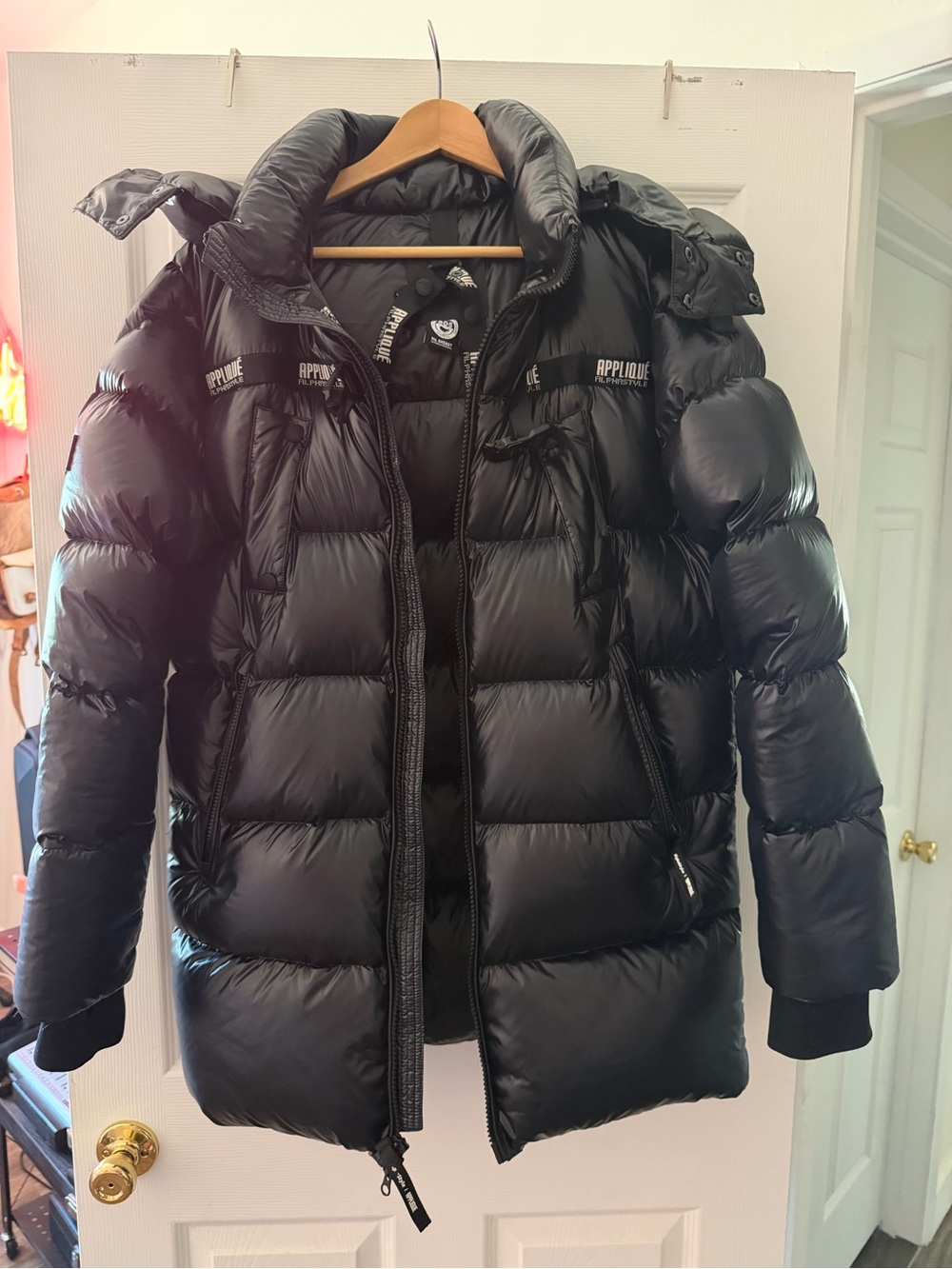 Rare Black Alphastyle Appliqué Down Puffer Coat
